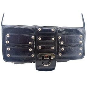 Sabina New York Black Leather Studded Baguette Shoulder Bag Silver Hardware